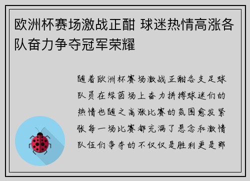欧洲杯赛场激战正酣 球迷热情高涨各队奋力争夺冠军荣耀 欧洲杯赛场激战正酣 球迷热情高涨各队奋力争夺冠军荣耀