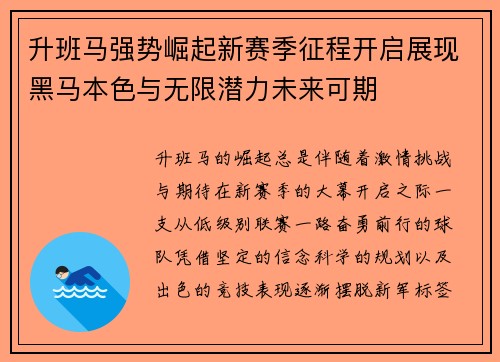 升班马强势崛起新赛季征程开启展现黑马本色与无限潜力未来可期